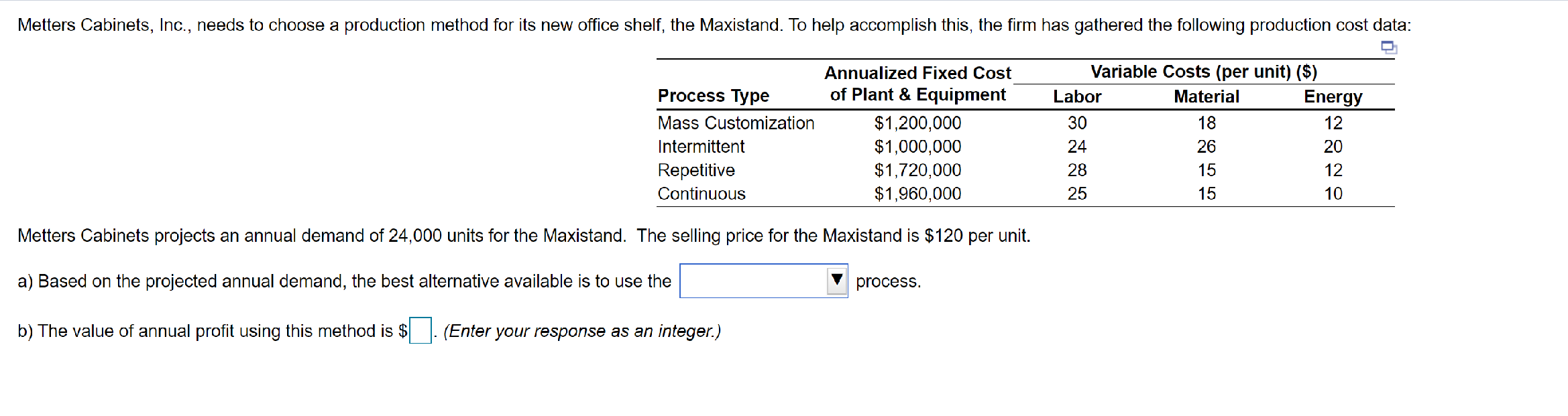 Metters Cabinets, Inc., needs to choose a