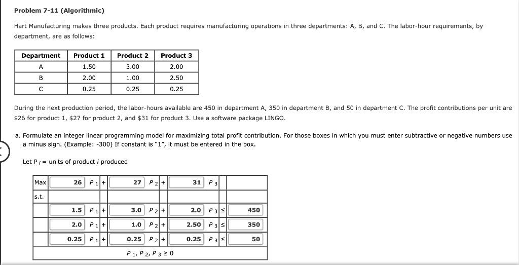 Problem 7-11 (Algorithmic) Hart Manufacturing