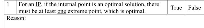 True False 1 For an IP, if the internal point is