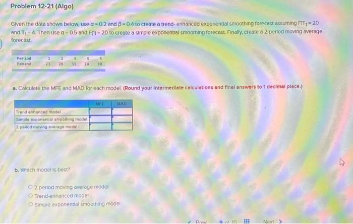 Problem 12-21 (Algo) Given the data shown below.