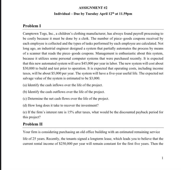 ASSIGNMENT #2 Individual - Due by Tuesday April