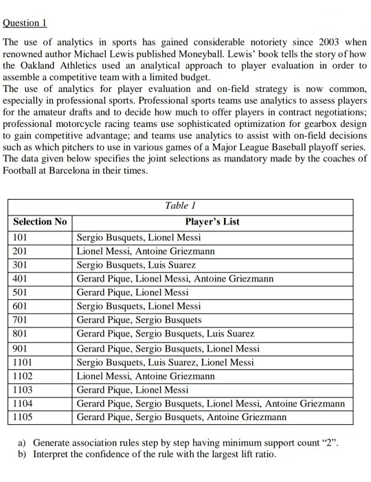 Question 1 The use of analytics in sports has