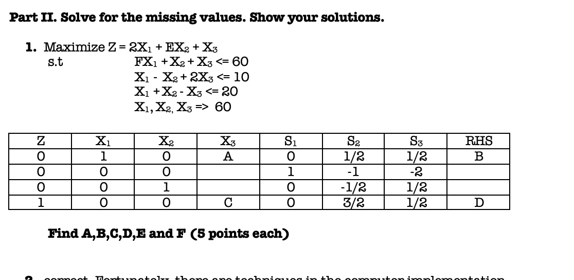 Part II. Solve for the missing values. Show your