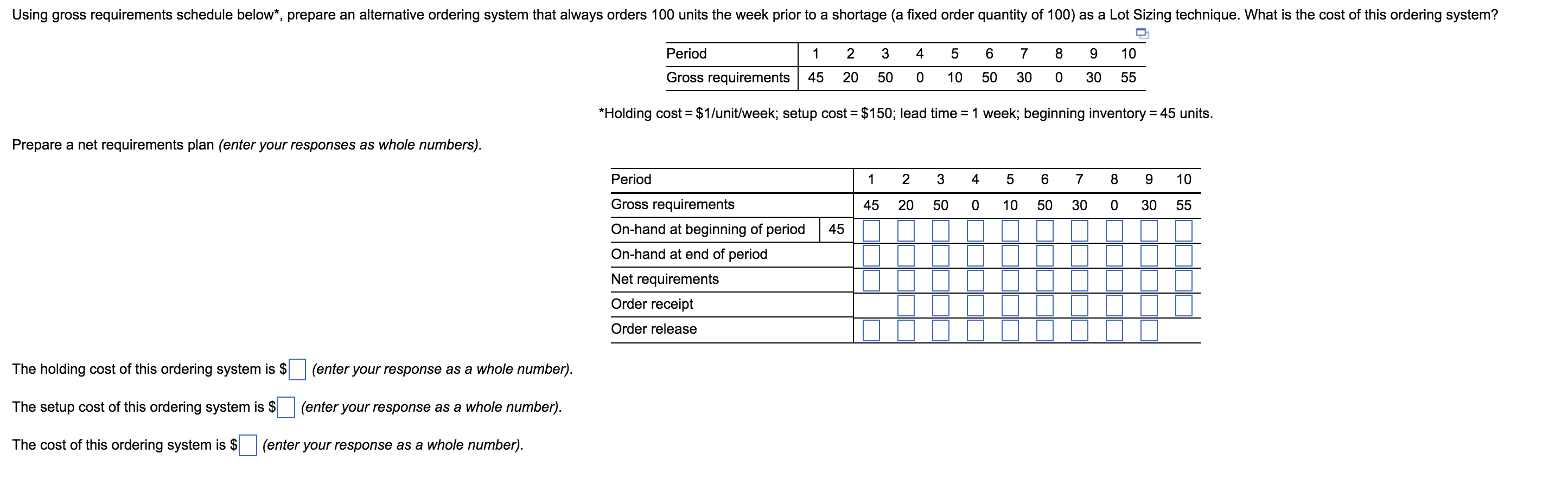 Using gross requirements schedule below*, prepare