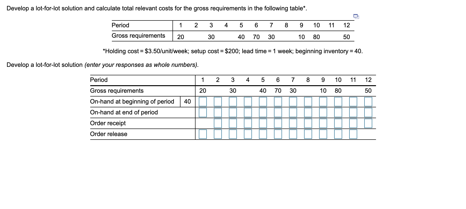 Total set-up cost =? Total holding cost = ? Toal