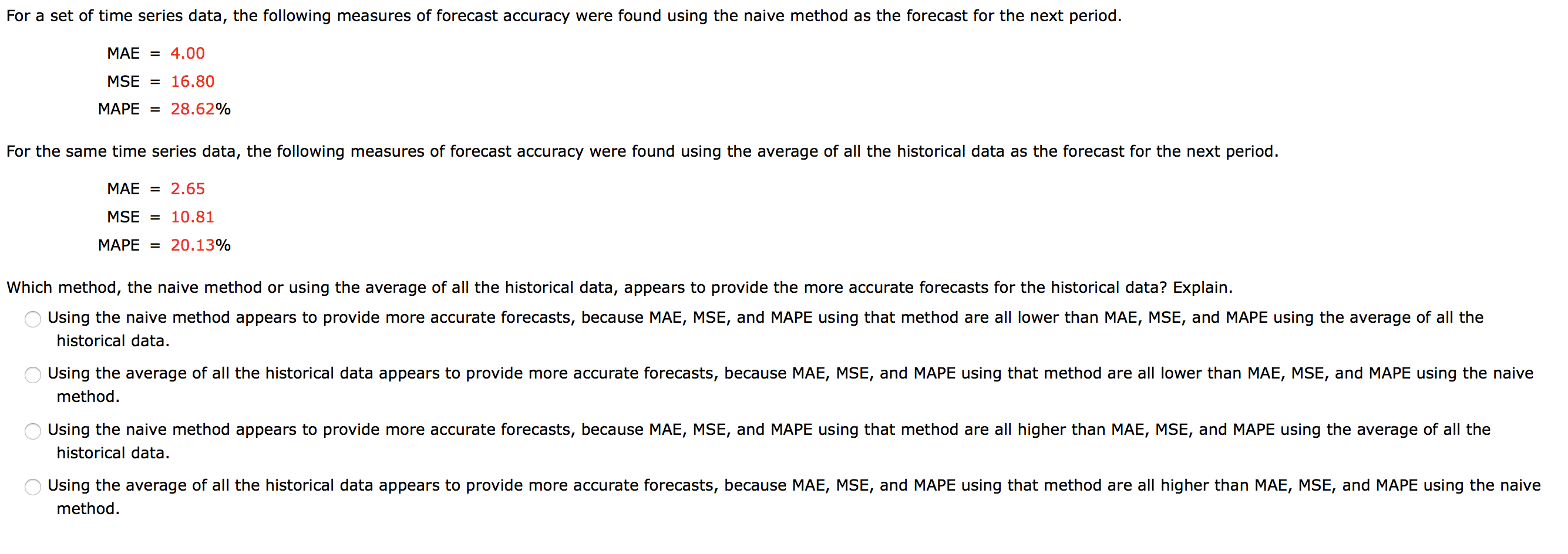 For a set of time series data, the following