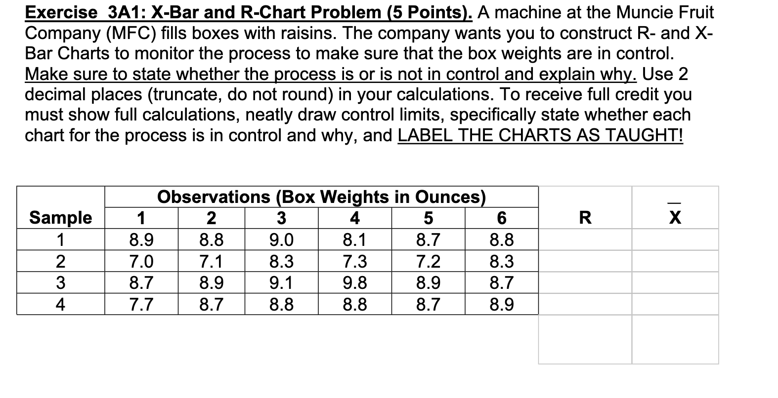 Exercise 3A1: X-Bar and R-Chart Problem (5