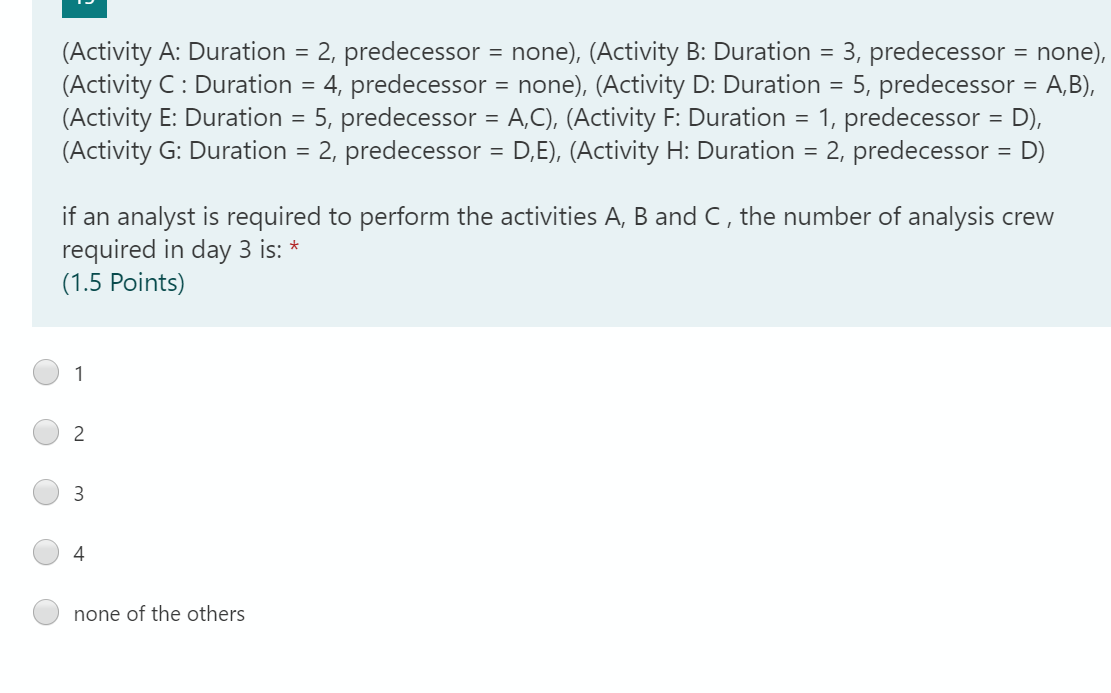 = (Activity A: Duration = 2, predecessor = none),