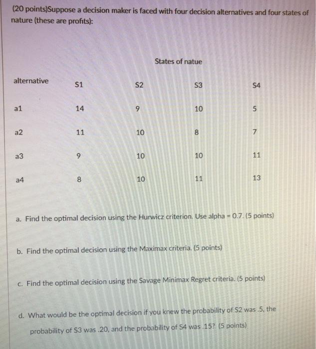 (20 points)Suppose a decision maker is faced with