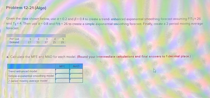 Problem 12-21 (Algo) Given the data shown below,