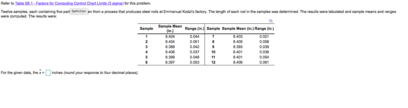 Refer to Table S6.1 - Factors for Computing