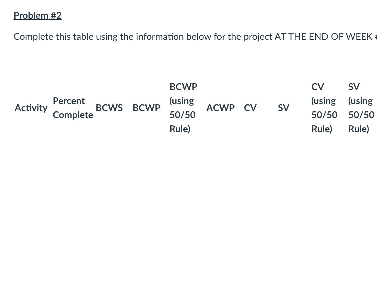 Problem #2 Complete this table using the