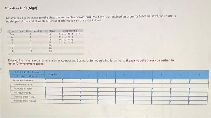 help asap Problem 13-9 (Algo) Assume you are the