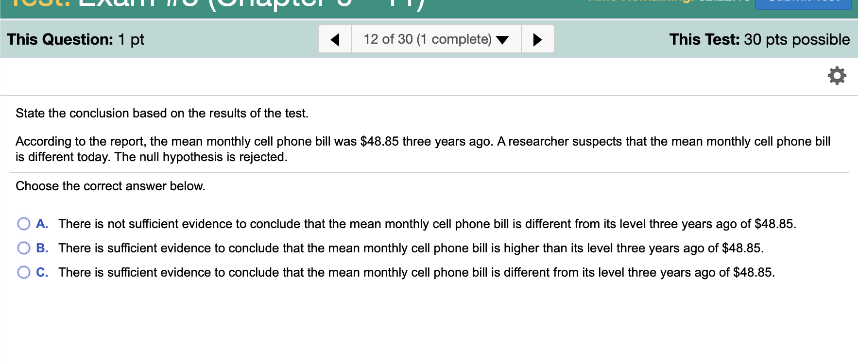 This Question: 1 pt 12 of 30 (1 complete) This