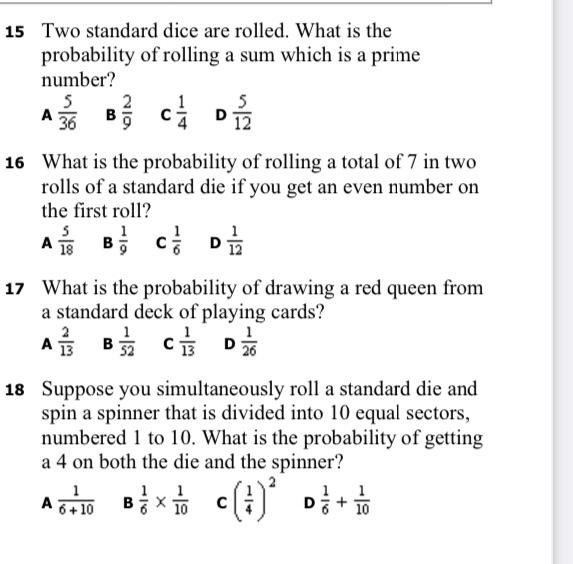 multiple choice 15 Two standard dice are rolled.
