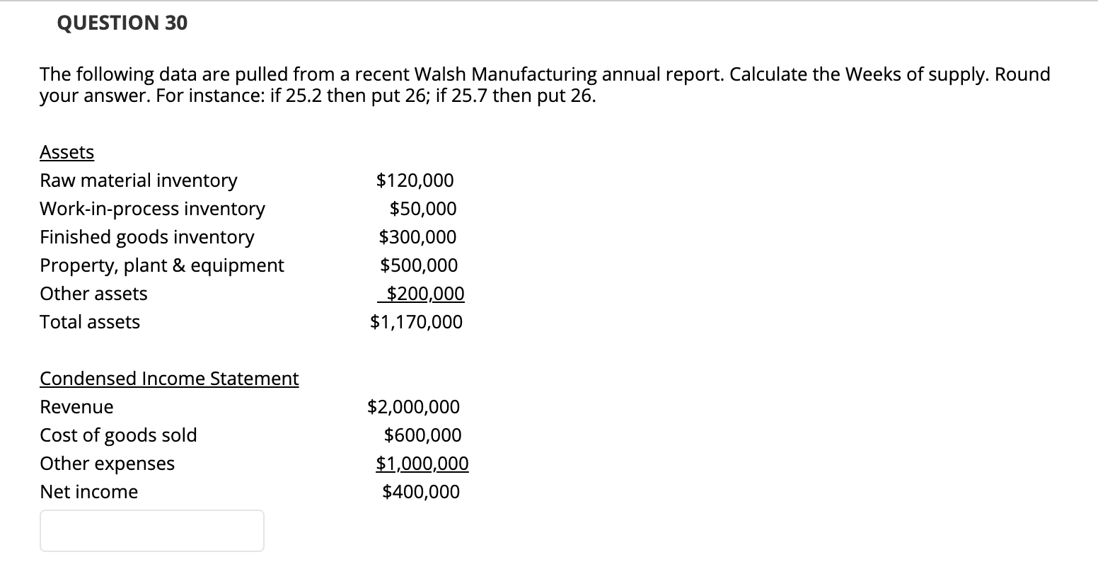 The following data are pulled from a recent Walsh