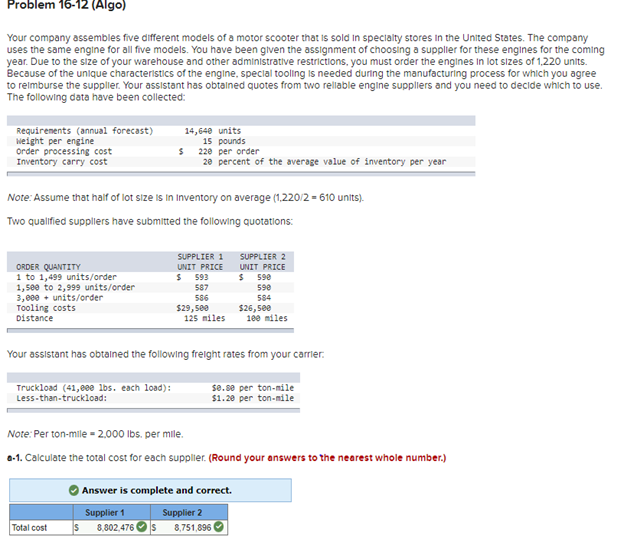 Problem 16-12 (Algo) Your company assembles five