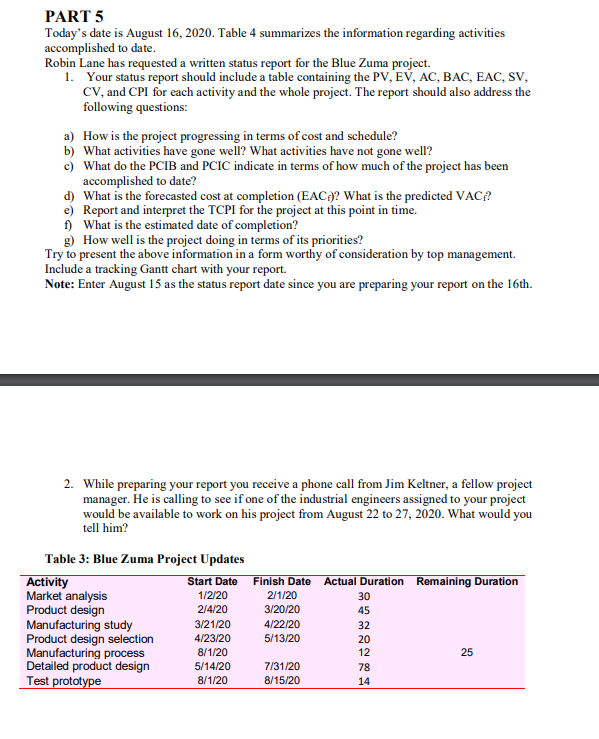 PART 5 Today's date is August 16, 2020. Table 4