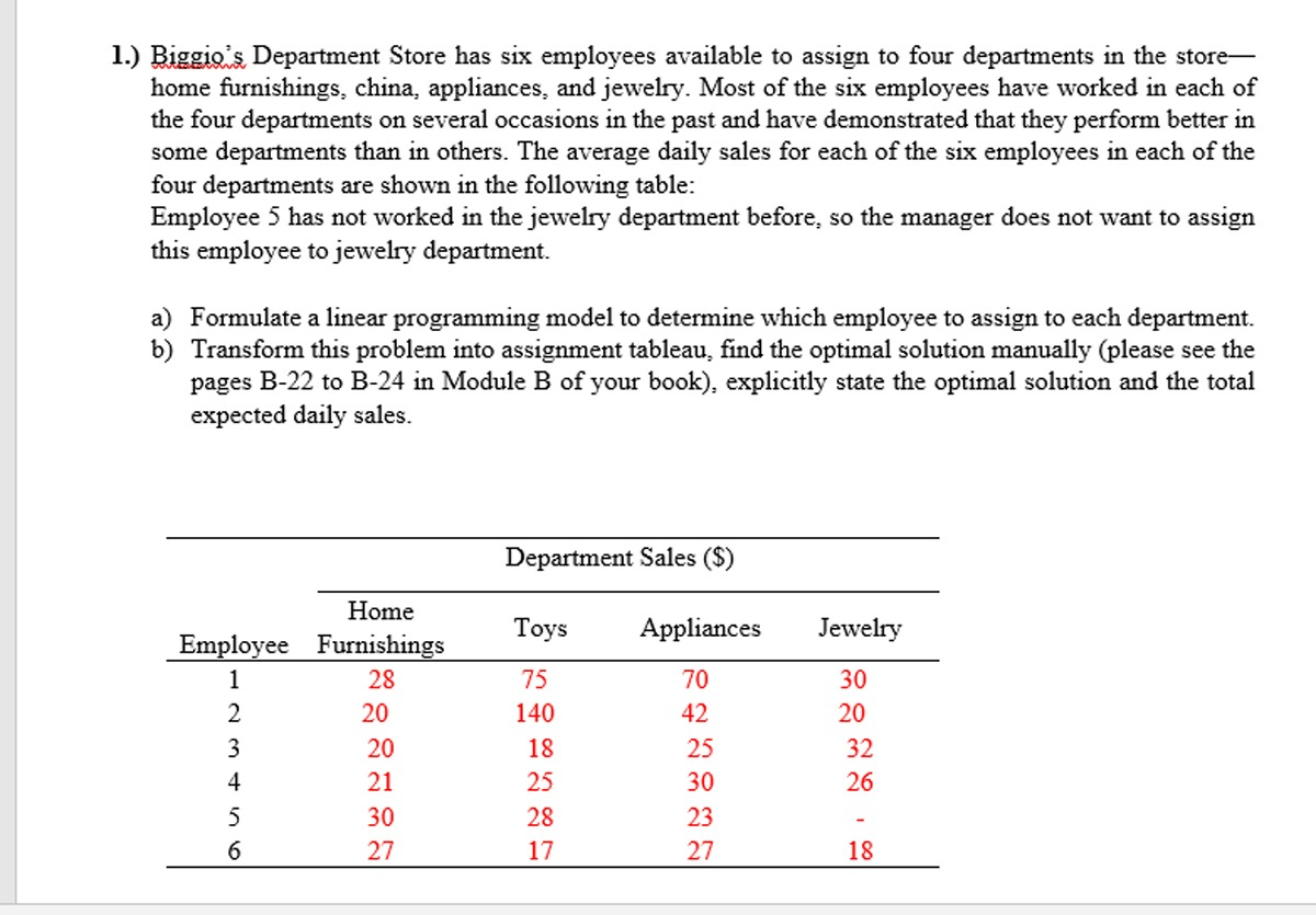 1.) Biggio's Department Store has six employees