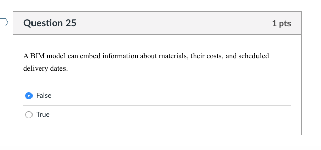Question 25 1 pts A BIM model can embed