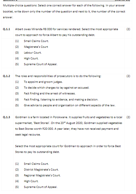 Multiple-choice questions: Select one correct
