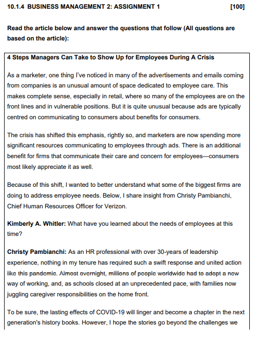 10.1.4 BUSINESS MANAGEMENT 2: ASSIGNMENT 1 [100]