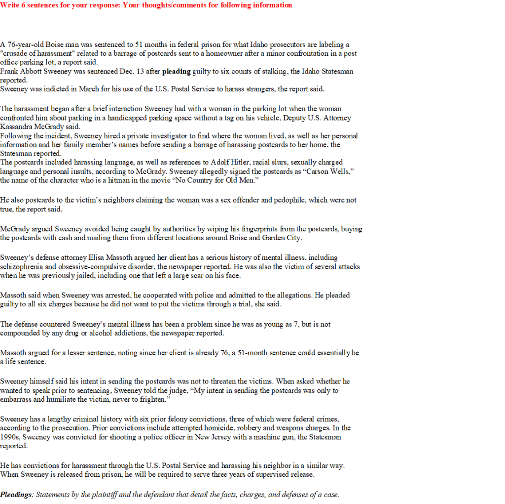 Write 6 sentences for your response: Your