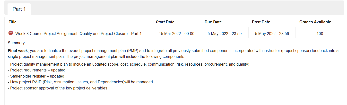 Part 1 Title Start Date Due Date Post Date Grades