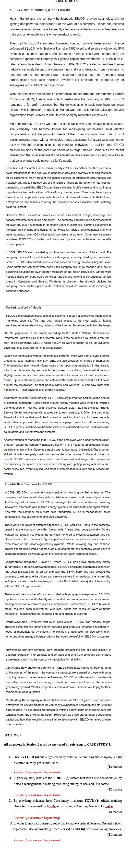 CASE STUDY 1 SELCO 2009: Determining a Path
