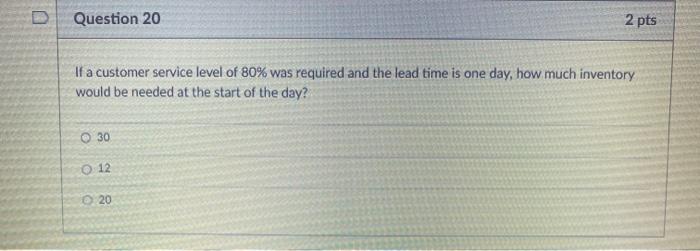 Question 19 2 pts The average daily demand for a