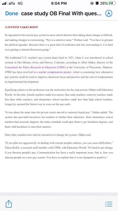 ull alfa 4G 6:04 PM 26% 14 Done case study OB