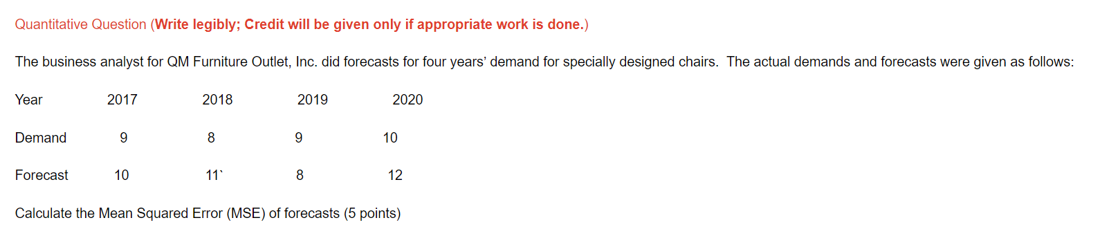 Quantitative Question (Write legibly; Credit will