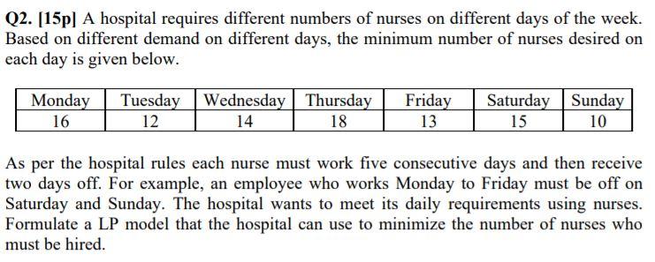 Q2. [15p) A hospital requires different numbers