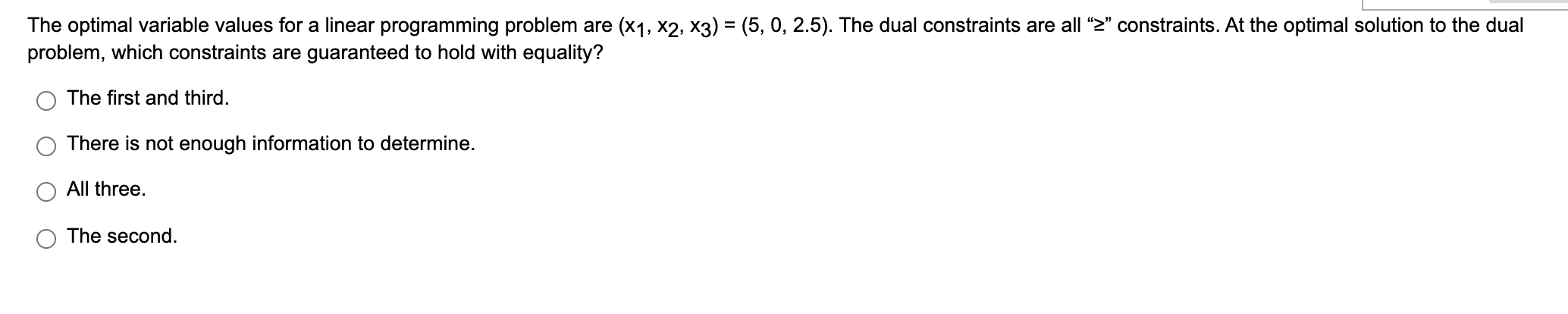 The optimal variable values for a linear
