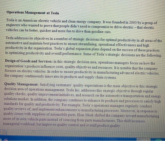 Operations Management at Tesla Tesla is an