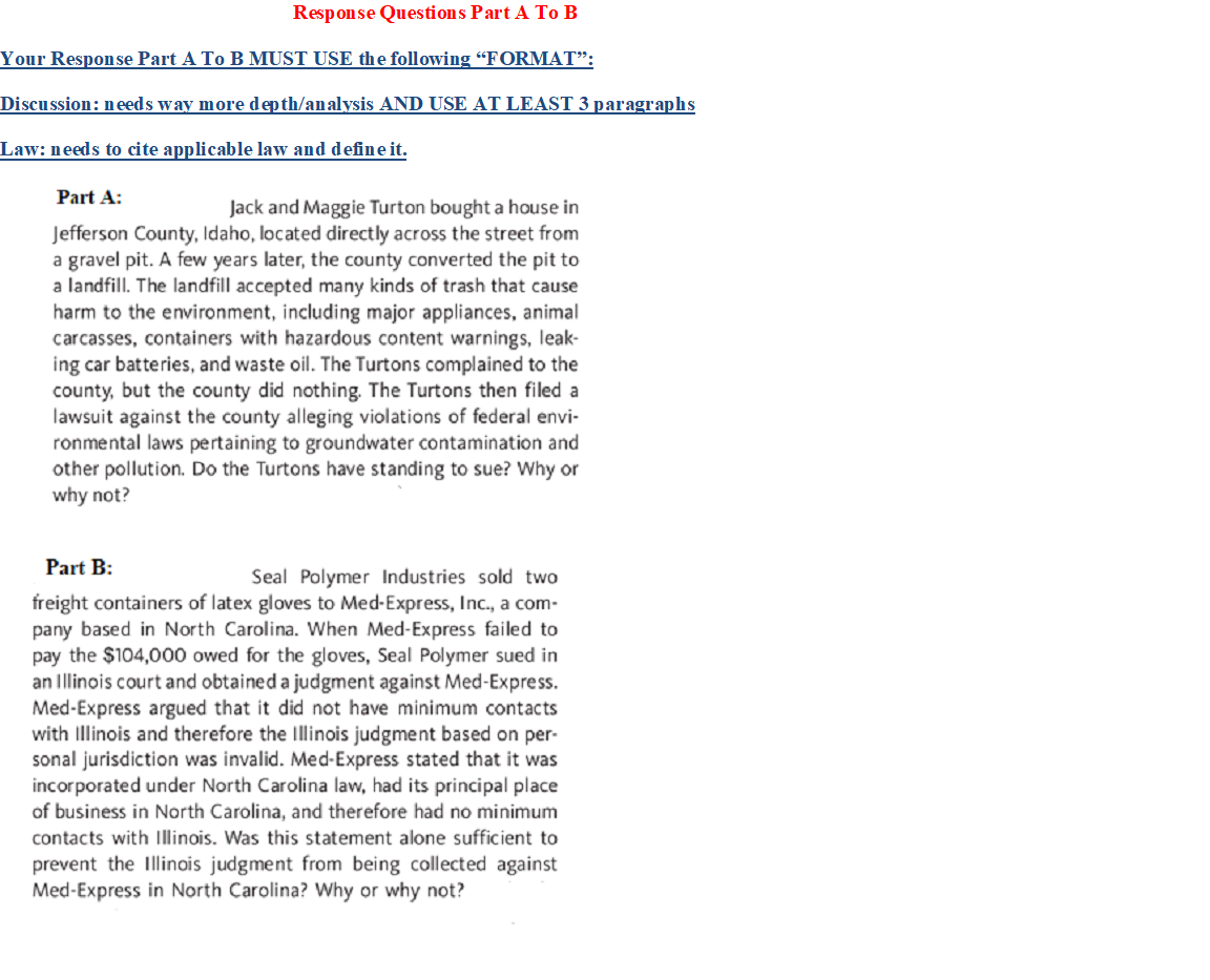 Response Questions Part A To B Your Response Part