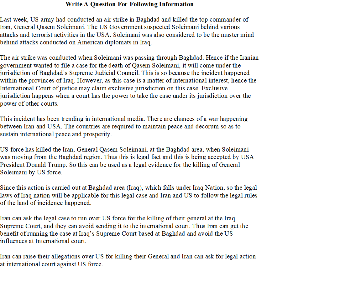 Write A Question For Following Information Last