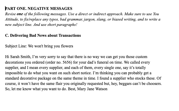 PART ONE. NEGATIVE MESSAGES Revise one of the