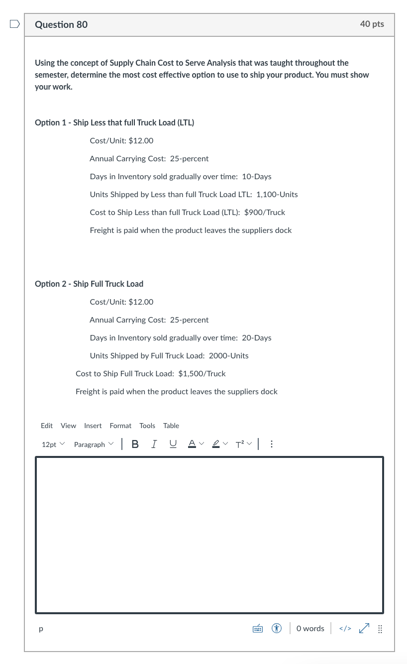 Question 80 40 pts Using the concept of Supply