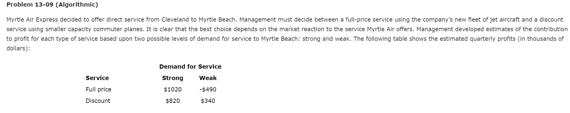 Problem 13-09 (Algorithmic) Myrtle Air Express