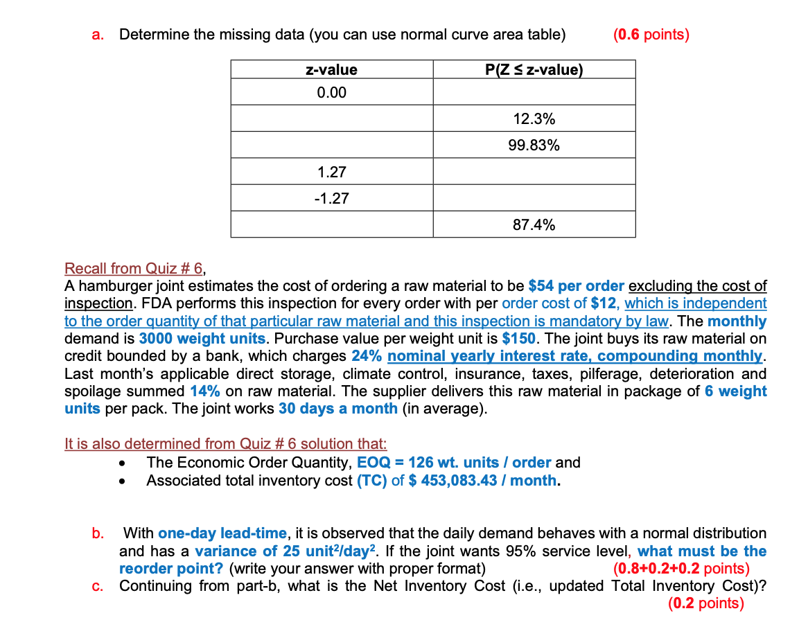 a. Determine the missing data (you can use normal