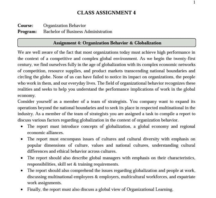 1 CLASS ASSIGNMENT 4 Course: Organization