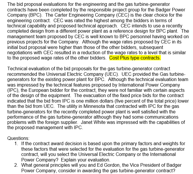 The bid proposal evaluations for the engineering