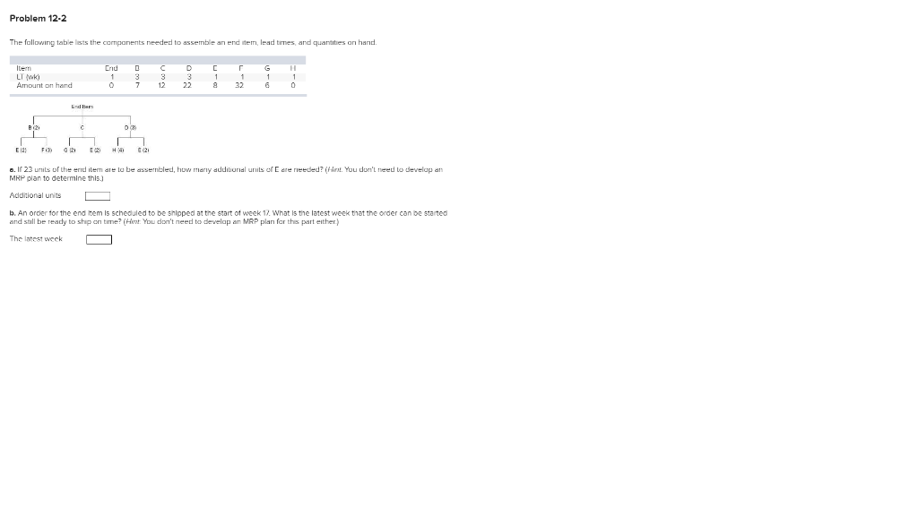 Problem 12-2 The following tables the components