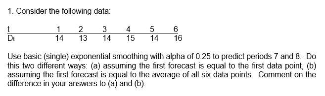 1. Consider the following data: 1 14 2 13 3 14 4