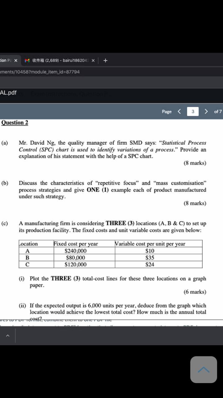 (a) Mr. David Ng, the quality manager of firm SMD