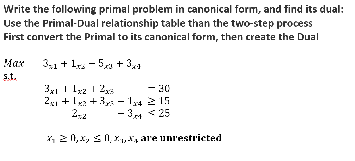 Write the following primal problem in canonical