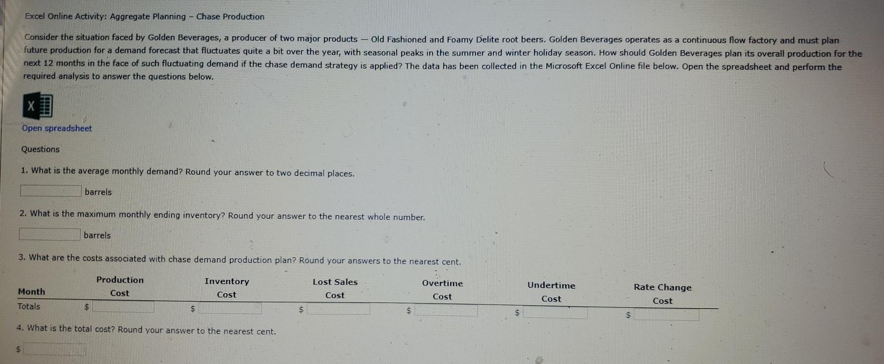 Excel Online Activity: Aggregate Planning - Chase