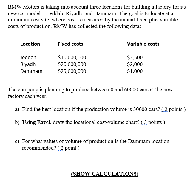 BMW Motors is taking into account three locations