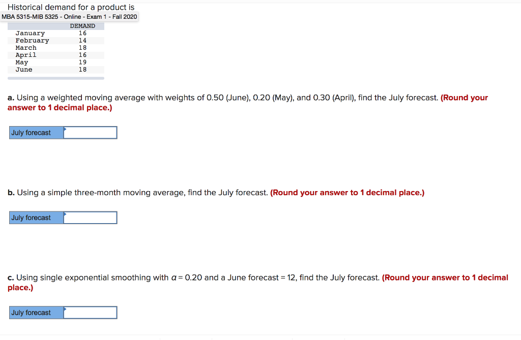 Historical demand for a product is MBA 5315-MIB